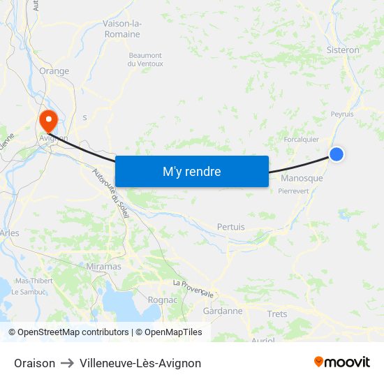Oraison to Villeneuve-Lès-Avignon map