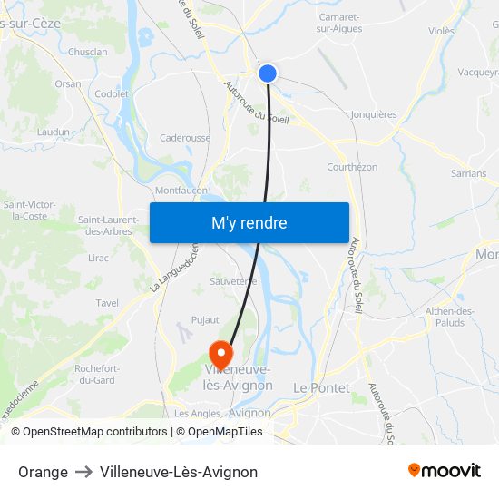 Orange to Villeneuve-Lès-Avignon map