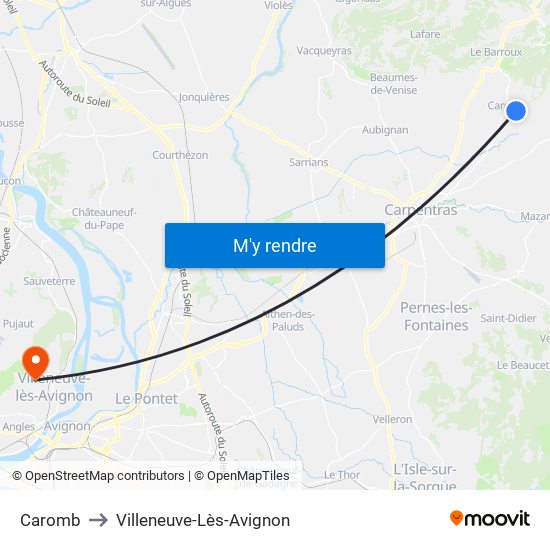 Caromb to Villeneuve-Lès-Avignon map