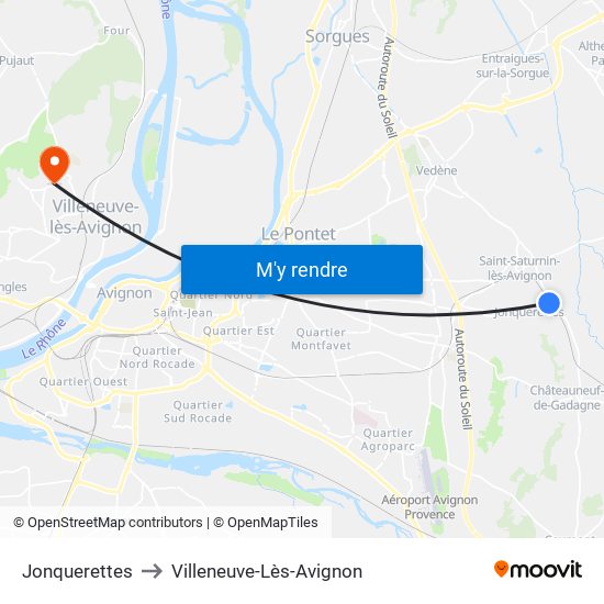 Jonquerettes to Villeneuve-Lès-Avignon map