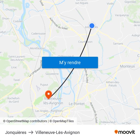 Jonquières to Villeneuve-Lès-Avignon map