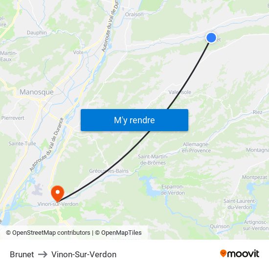 Brunet to Vinon-Sur-Verdon map