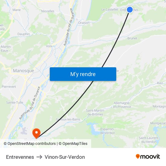 Entrevennes to Vinon-Sur-Verdon map