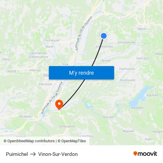 Puimichel to Vinon-Sur-Verdon map