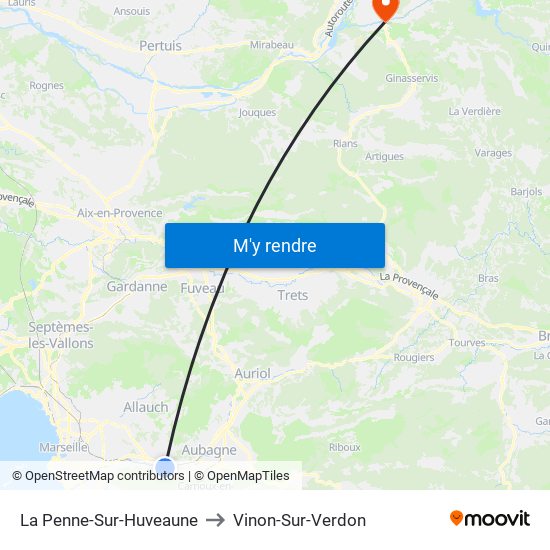 La Penne-Sur-Huveaune to Vinon-Sur-Verdon map