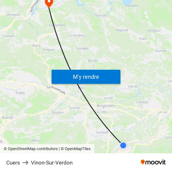 Cuers to Vinon-Sur-Verdon map
