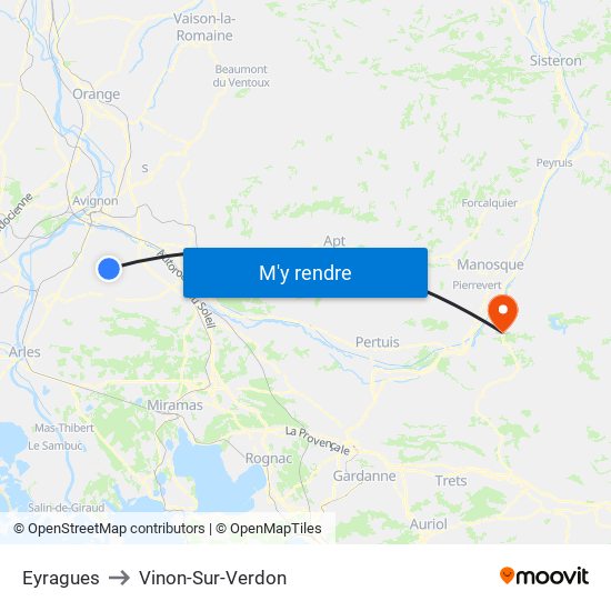 Eyragues to Vinon-Sur-Verdon map