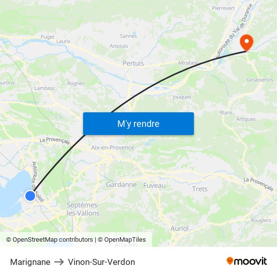 Marignane to Vinon-Sur-Verdon map