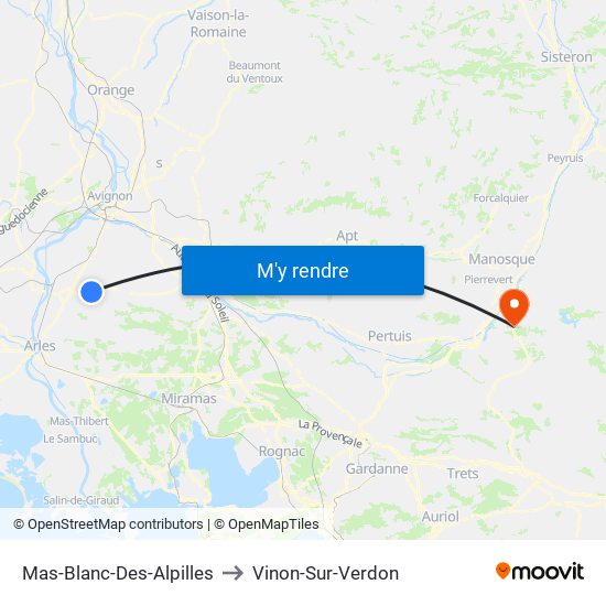 Mas-Blanc-Des-Alpilles to Vinon-Sur-Verdon map