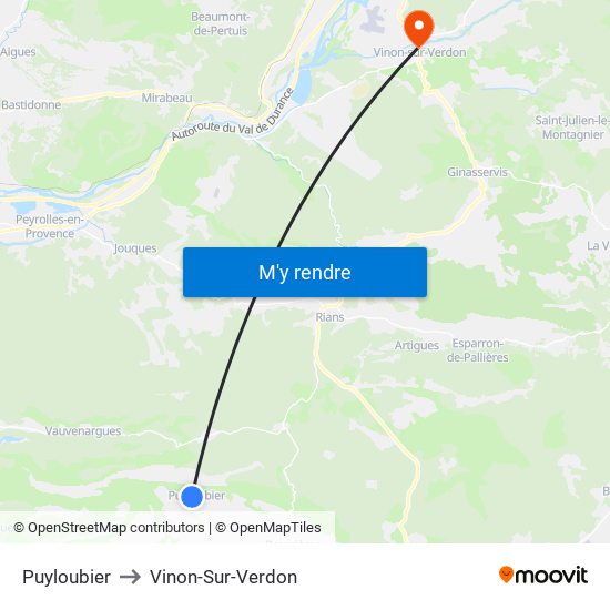 Puyloubier to Vinon-Sur-Verdon map
