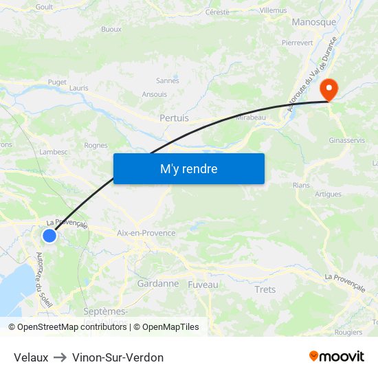 Velaux to Vinon-Sur-Verdon map