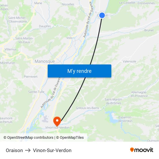 Oraison to Vinon-Sur-Verdon map