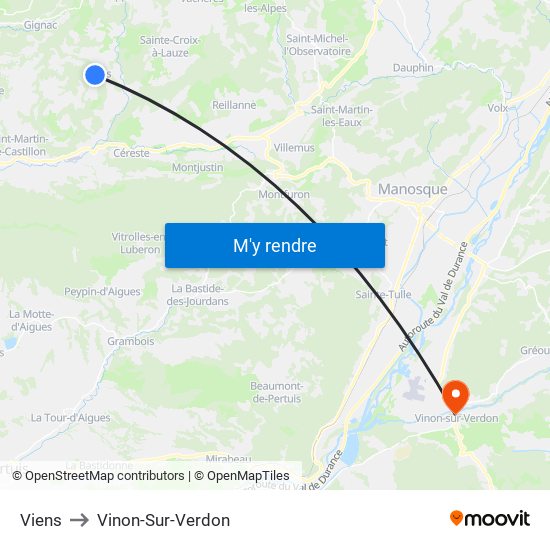 Viens to Vinon-Sur-Verdon map