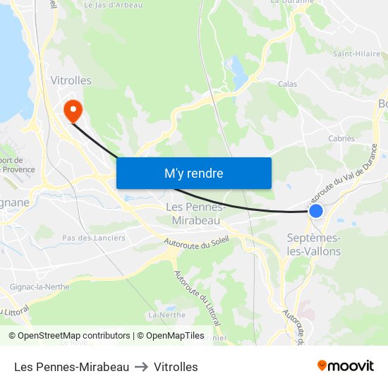 Les Pennes-Mirabeau to Vitrolles map