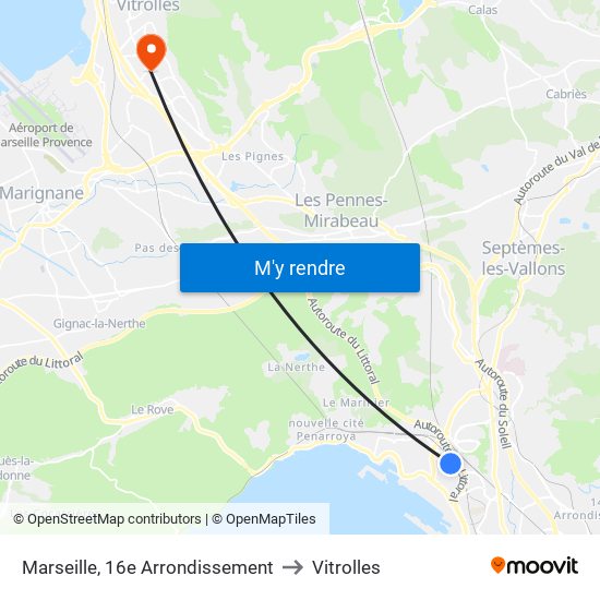 Marseille, 16e Arrondissement to Vitrolles map