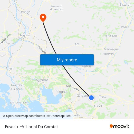 Fuveau to Loriol-Du-Comtat map