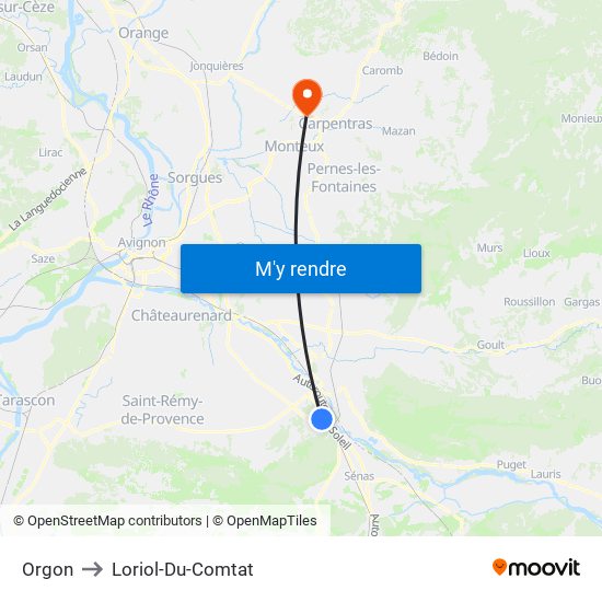 Orgon to Loriol-Du-Comtat map