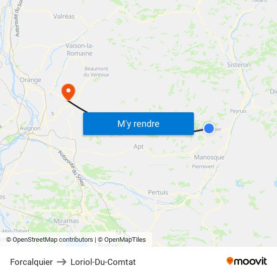 Forcalquier to Loriol-Du-Comtat map