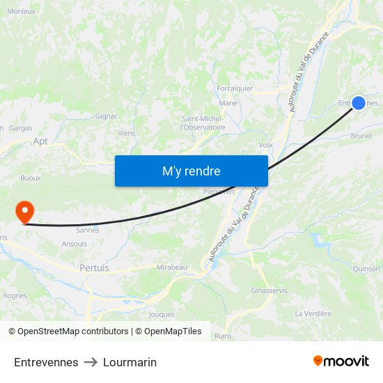 Entrevennes to Lourmarin map