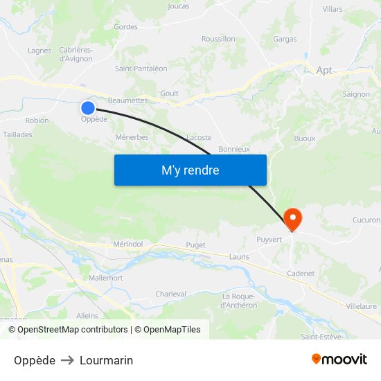Oppède to Lourmarin map