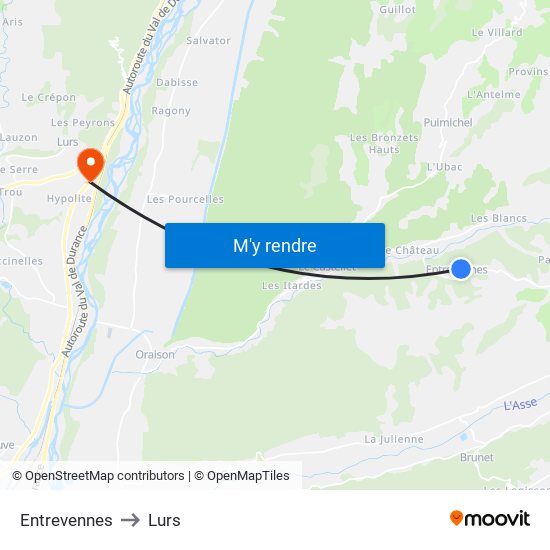 Entrevennes to Lurs map