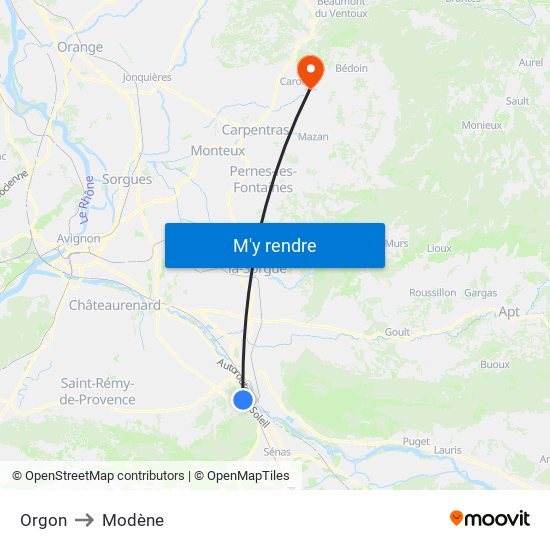 Orgon to Modène map