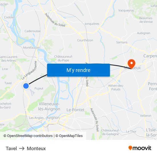Tavel to Monteux map