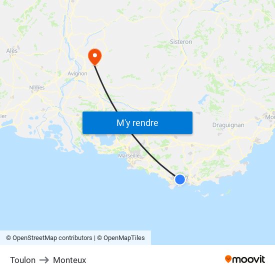 Toulon to Monteux map