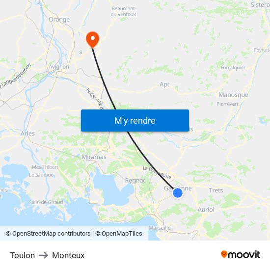 Toulon to Monteux map