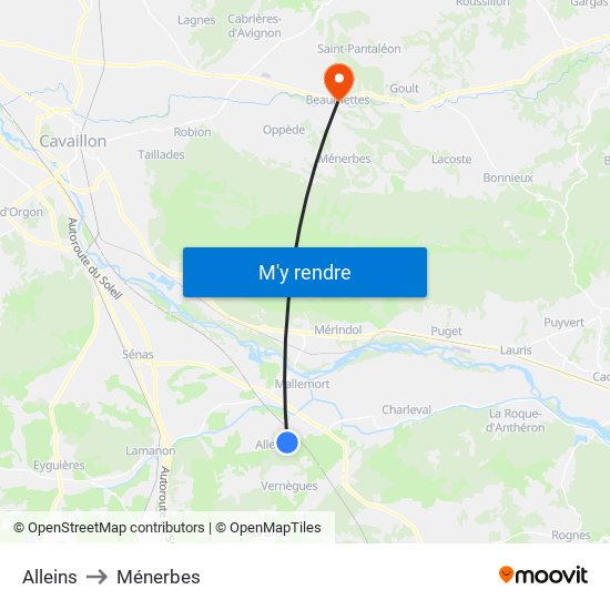 Alleins to Ménerbes map