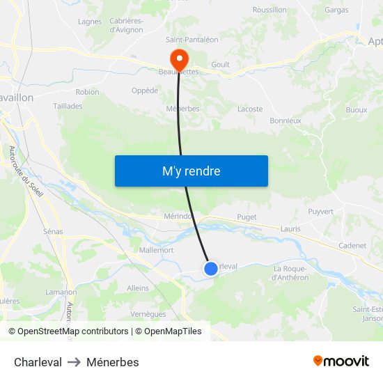 Charleval to Ménerbes map