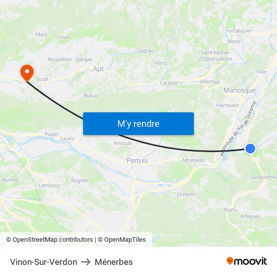 Vinon-Sur-Verdon to Ménerbes map