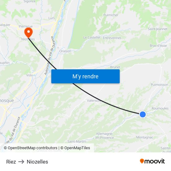 Riez to Niozelles map