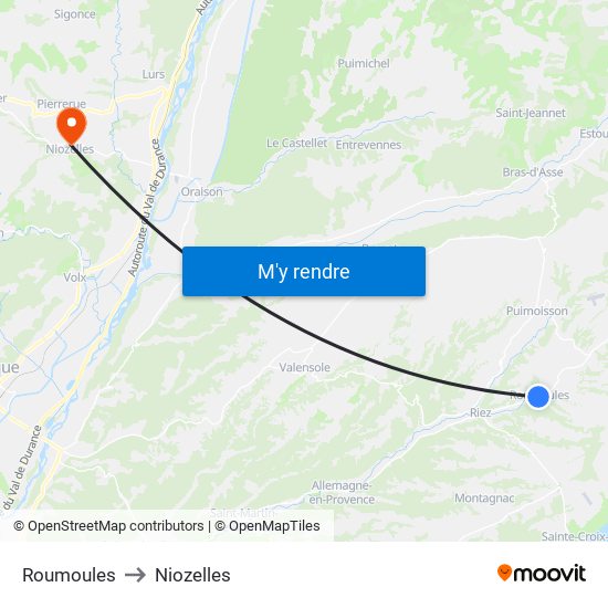 Roumoules to Niozelles map