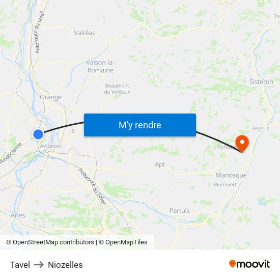 Tavel to Niozelles map