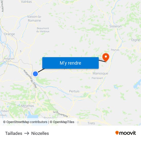 Taillades to Niozelles map