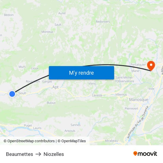Beaumettes to Niozelles map