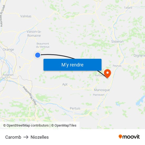 Caromb to Niozelles map