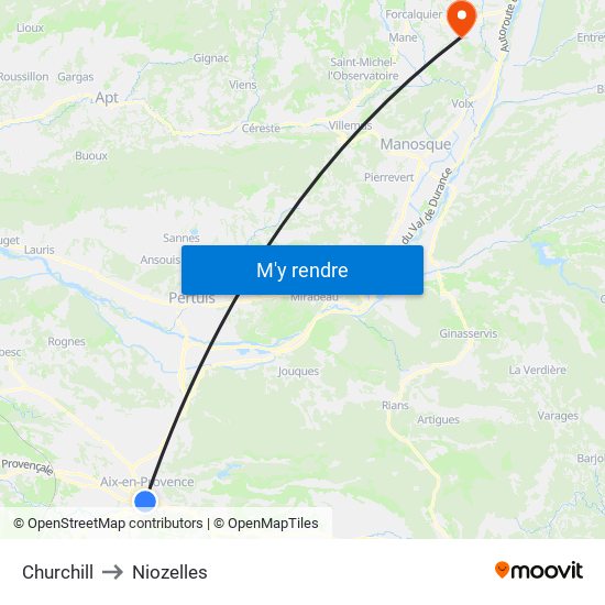 Churchill to Niozelles map