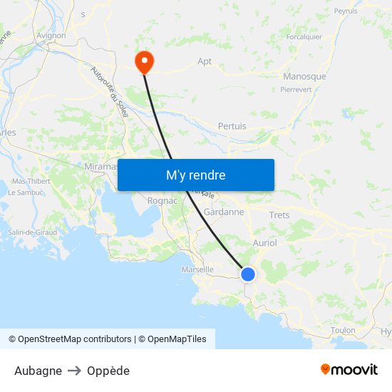 Aubagne to Oppède map