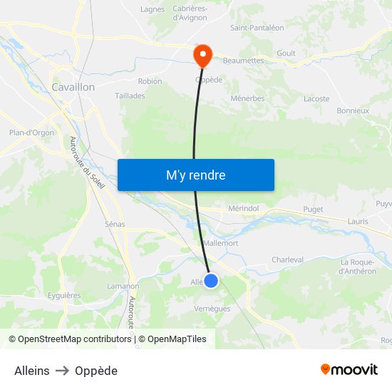 Alleins to Oppède map