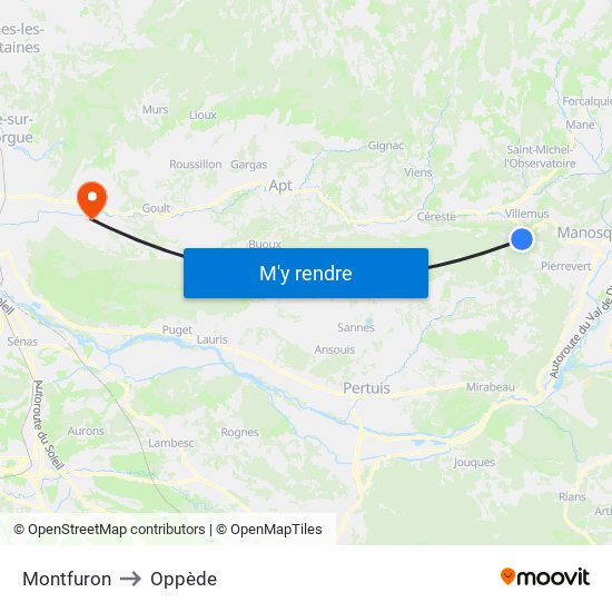 Montfuron to Oppède map