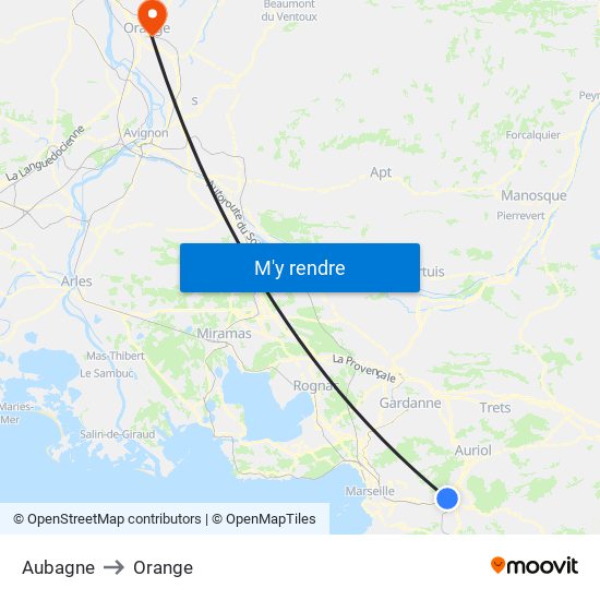 Aubagne to Orange map
