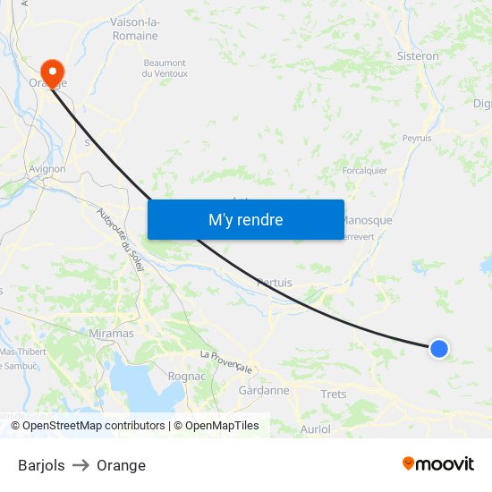 Barjols to Orange map