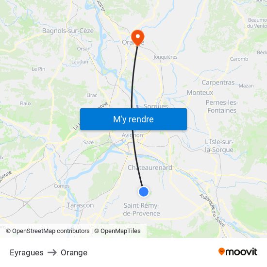 Eyragues to Orange map