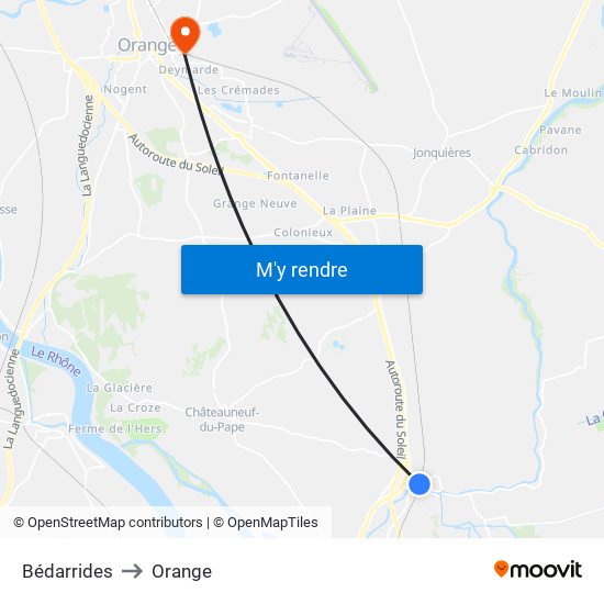 Bédarrides to Orange map