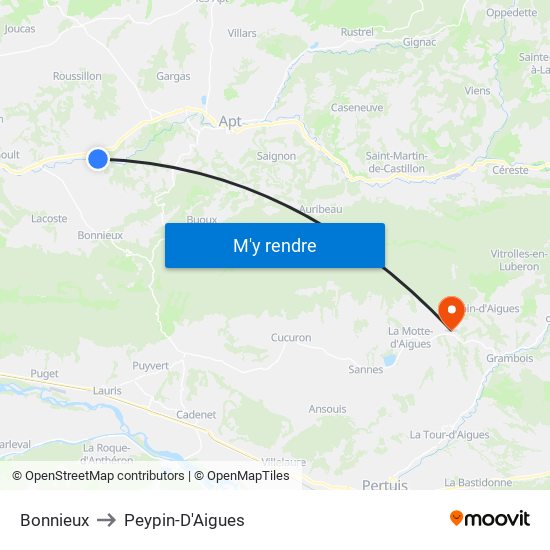 Bonnieux to Peypin-D'Aigues map