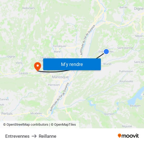 Entrevennes to Reillanne map