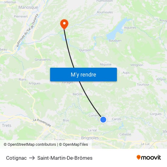 Cotignac to Saint-Martin-De-Brômes map