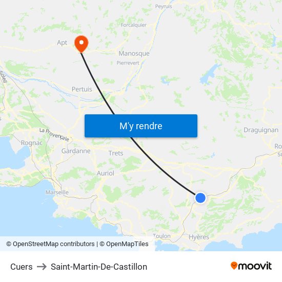 Cuers to Saint-Martin-De-Castillon map